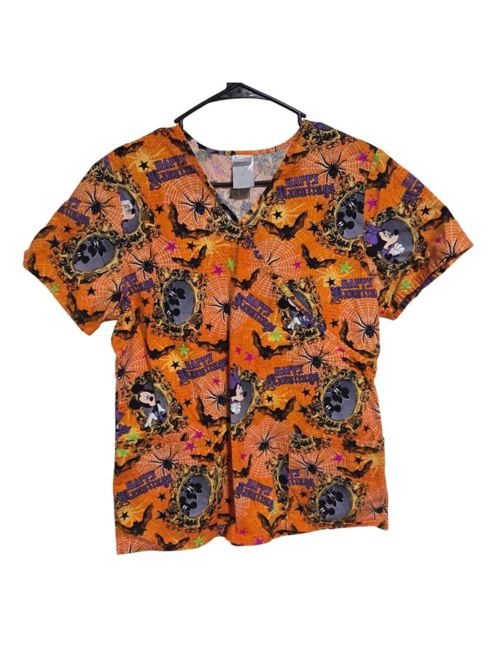 Disney Halloween Scrub Top Sz Medium Orange Happy Hauntings Mickey Minnie Mouse